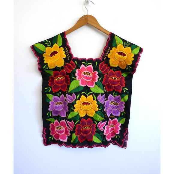 YUCATAN Mexican Hand Embroidered Floral Square Neck Huipil Blouse Top S - Picture 1 of 6